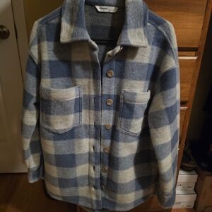 Blue and Cream Plaid Button-Up Jacket